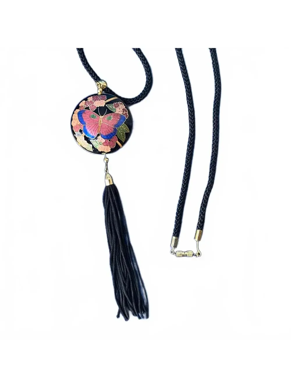 Vintage Cloisonné Butterfly Pendant Tassel Necklace 70s 80s